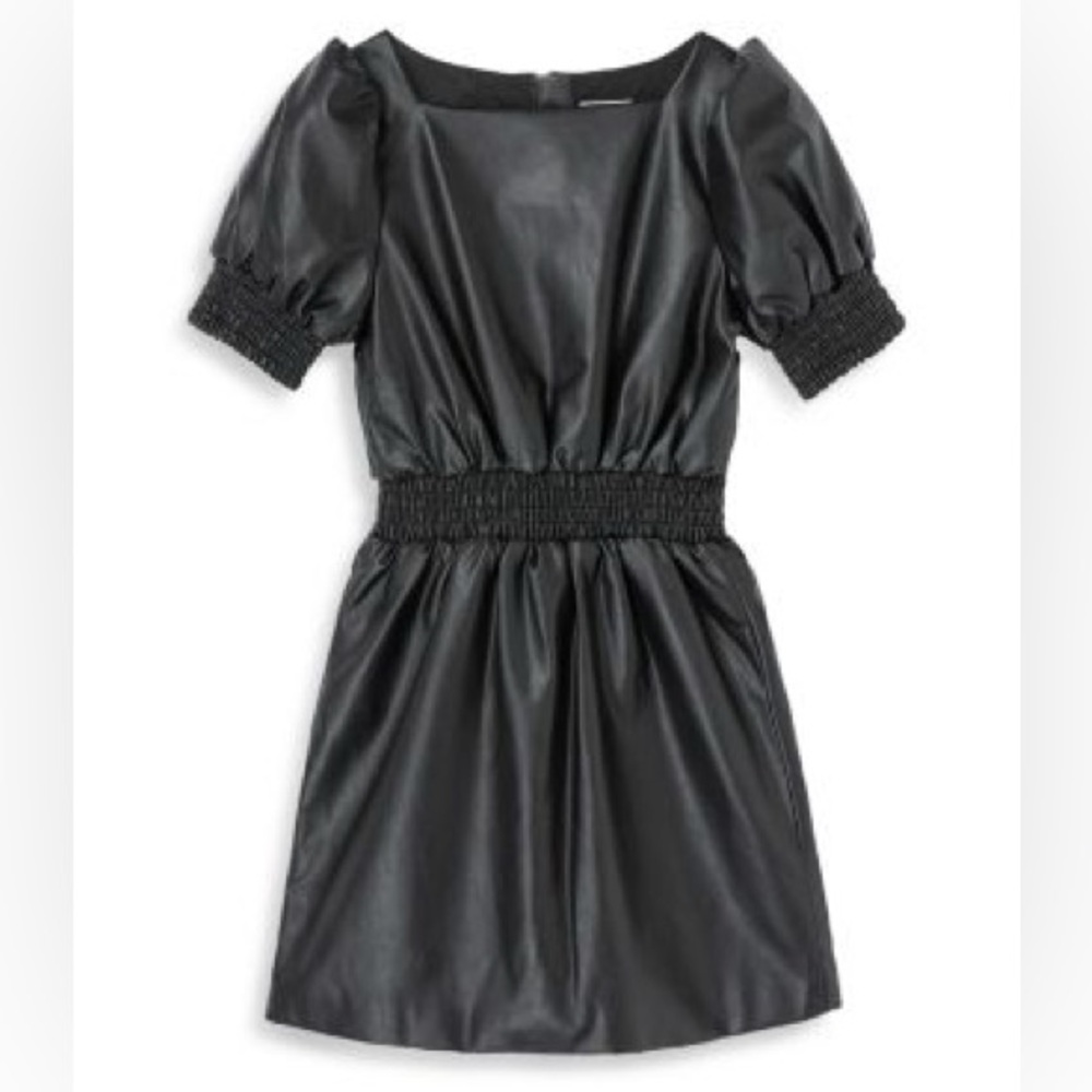 Habitual Faux Leather Short Puff Sleeve Midi Dress in Black Girl’s Size 10
